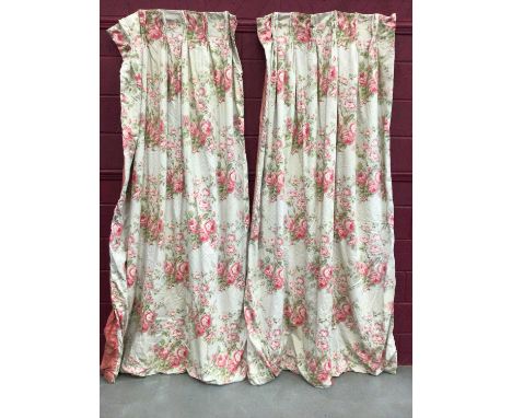Pair of pink rose and green leaf interlined curtains with pinch pleated tops measuring approximately 85cm x 233cm dropProvena