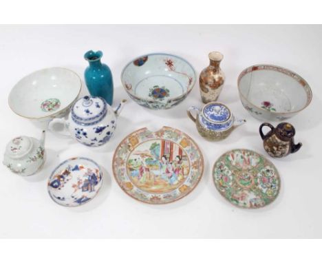 Collection of antique Oriental ceramics and stands, including two Canton dishes, two 18th century Chinese teapots, Chinese Im