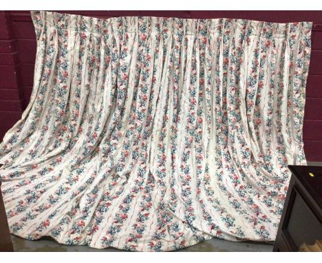 Two pairs of pink and blue floral curtains with pinch pleated tops measuring approximately 252cm wide x 240cm drop and 96cm w