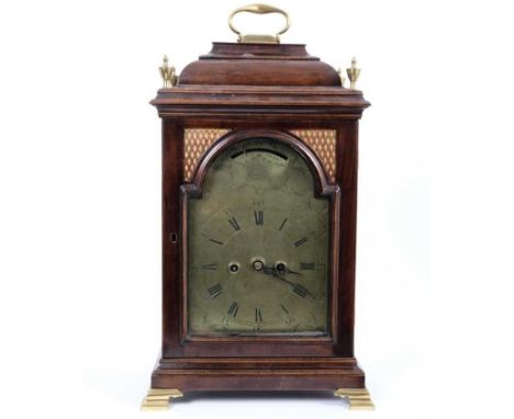 Georgian bracket clock by Eliezer Chater, London with brass arched dial with strike/silent to arch, engraved rococo scrolls, 