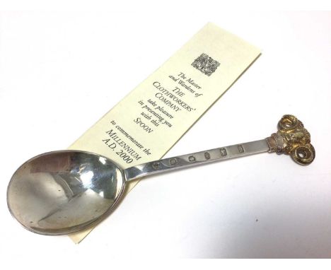 Good quality contemporary silver rat tail spoon with cast gilded Ram's head terminal, (London 2000) maker, Leslie Durbin, pro