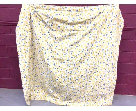 Two pairs of yellow oak leaf and blue acorn pattern curtains, measuring approximately 174cm wide x 170cm drop and 82cm wide x