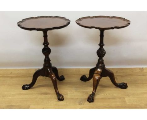 Near pair of Georgian revival pie-crust rim wine tables, each with turned column of tripod cabriole legs and claw and ball fe