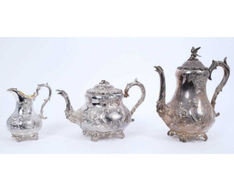 Victorian silver three piece tea set, comprising teapot of baluster form, with raised floral decoration, engraved monogram an