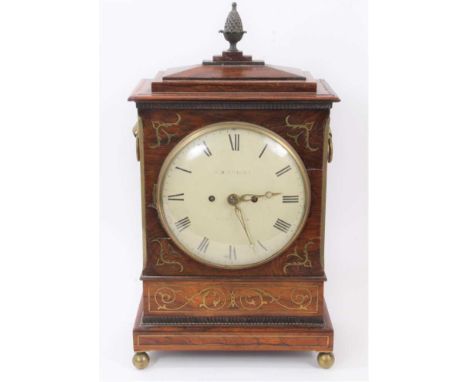 Regency brass inlaid rosewood bracket clock by J D Bright, Saxmundham with painted dial, fusee movement striking on bell, sig