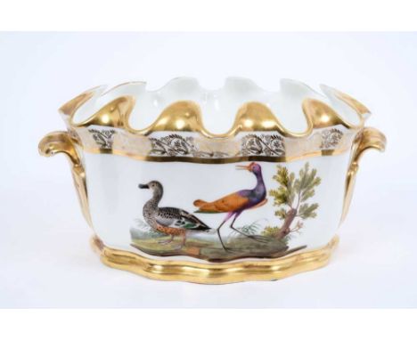 French porcelain two-handled oval Monteith, early 19th century, with gilt rims, handles and scrolling borders, painted with n