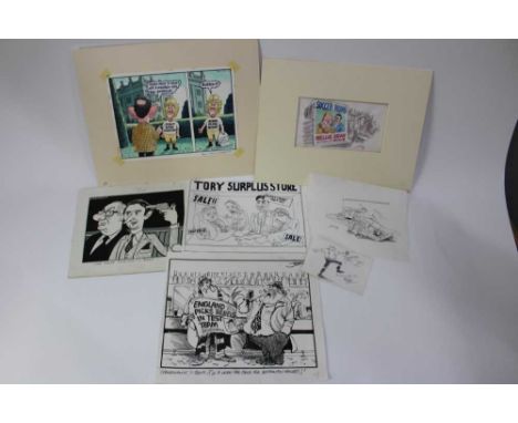 Group of original cartoons, including pen and wash by Paul Thomas, 21 x 30cm, original cartoon by Larry, another by Jeff, car