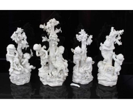 Four late 18th century Derby biscuit porcelain figures, representing the four elements with winged putti around trees on rock