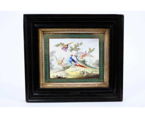 19th century framed porcelain plaque, finely painted with exotic birds, with green and gilt patterned border, possibly Worces