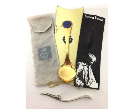 Georg Jensen silver gilt year spoon in original bag and case, 1972, together with a Danish silver lobster pick.