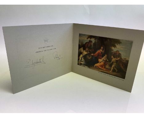 H.M. Queen Elizabeth II and H.R.H. The Duke of Edinburgh, signed 1958 Christmas card with print of The Holy Family by Ricci, 