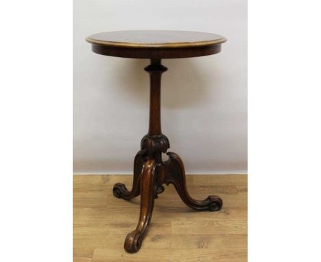 Victorian walnut grained wine table, circular moulded top on slender carved knop column and scrolling tripod cabriole base, 4