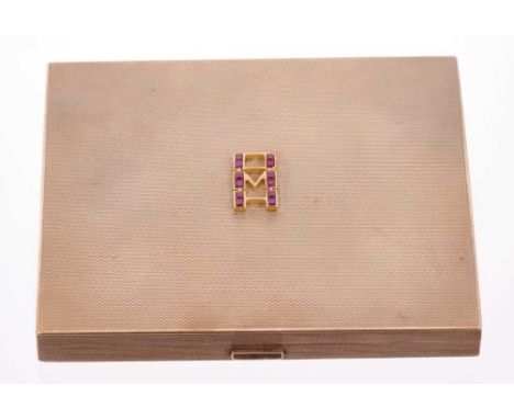 Art Deco 9ct gold cigarette case with calibre cut ruby initials D.M.H. And engine turned decoration, sponsor's mark R&amp;R, 