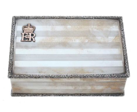 H.M. Queen Elizabeth II, fine presentation gold mounted silver table box with gold crowned ER II cipher to left corner, strip