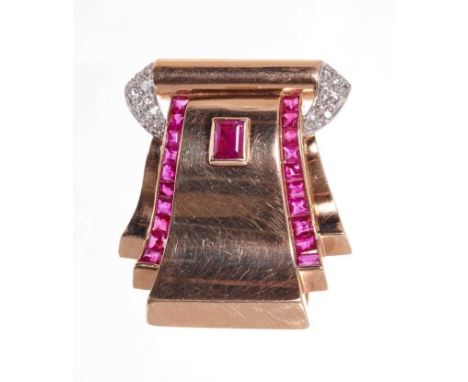 1940s Art Deco Odeonesque rose gold diamond and synthetic ruby clip, the undulating rose gold scroll with calibre cut rubies 