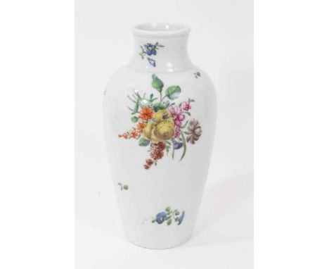 A Worcester ovoid vase, circa 1760, polychrome painted in the 'Rogers' style with floral sprays and a butterfly, 18cm highCon