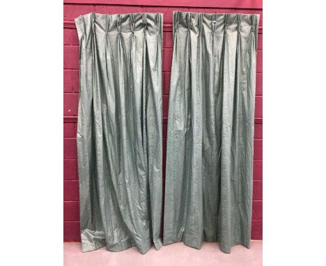 Pair of glazed cotton moire teal curtains with pinch pleated tops measuring 88cm x 240cm dropProvenance: The Lady Elizabeth S