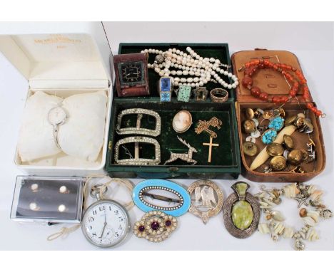 Vintage costume jewellery and bijouterie to include an Art Deco LeColutre travel watch, Recta pocket watch, 9ct gold cross on