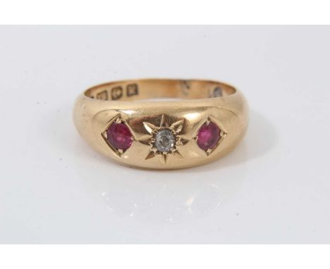 Edwardian 18ct ruby and diamond three stone gypsy ring with central old cut diamond star and two round mixed cut rubies in 18