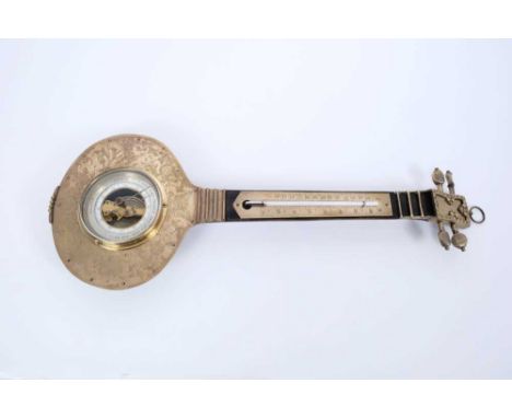 Unusual 19th Century French Aneroid Barometer, thermometer in the form of a Mandolin with gilt and nickel mounts 48 cm high