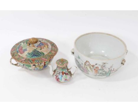 19th century Chinese miniature Canton famille rose teapot, together with a similar bowl and cover and another Chinese porcela