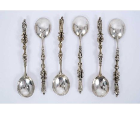 Six late 19th/early 20th century Continental silver apostle spoons, with ornate cast stems and oval bowls, engraved with each