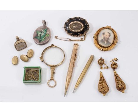 Group of antique jewellery and bijouterie to include a Victorian silver and enamel 'Lily of the Valley' locket , Early Victor