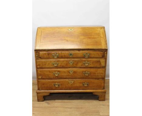 George III cherrywood and elm bureau, fitted stepped interior and four long graduated drawers on bracket feet, 95cm wide x 49