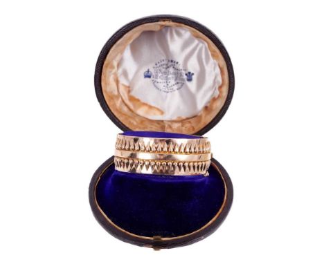 Victorian Etruscan Revival gold cuff bangle, the wide hinged gold band with applied Etruscan design, in original boxr retaile