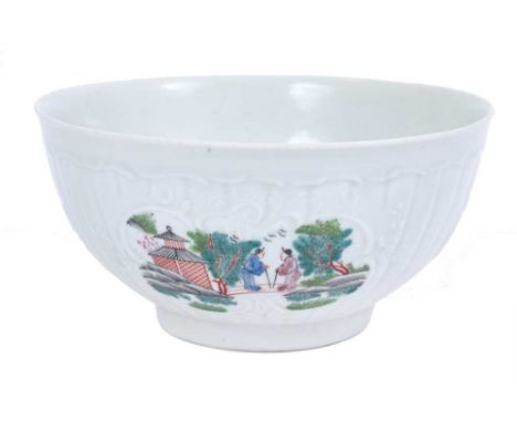 A Worcester pleat moulded bowl, circa 1755, painted in Chinese style with the Stag Hunt pattern, 16cm diameterCondition repor
