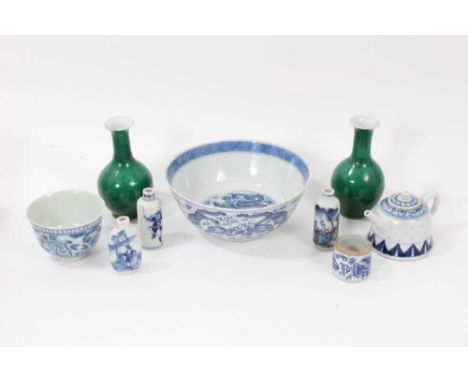 Quantity of 19th century Chinese porcelain, including three snuff bottles, a teapot, tea bowl, bowl, pot and a pair of green 