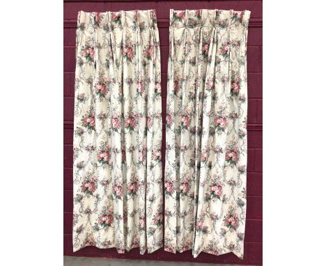 Two pairs pink floral chintz glazed cotton curtains with pinch pleated tops measuring approximately 75cm wide x 220cm drop an
