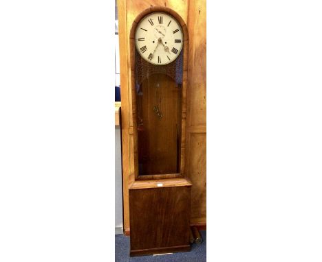 19th century Scottish 8 day Longcase clock with circular painted dial, brass cased weights , brass and ebonised pendulum, in 