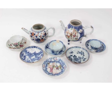 A group of 18th century Chinese porcelain, including a Nanking tea bowl and saucer, an Imari teapot, an unusual Mandarin teap