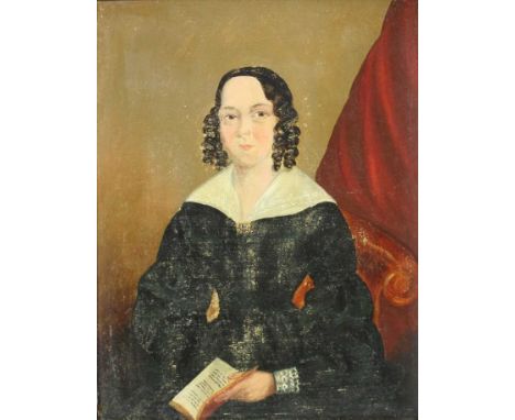 An early 19th century English School, oil on panel, portrait of a seated lady with ringlets in her hair, 23cm x 18cm, in burr