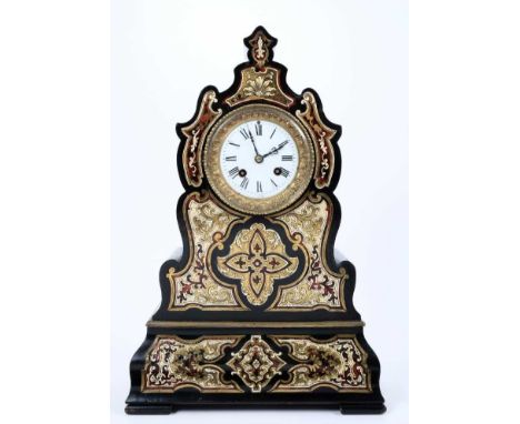 Mid 19th century French ebonised and brass inlaid mantel clock of shaped form with French cylinder movement signed Leroy Pari