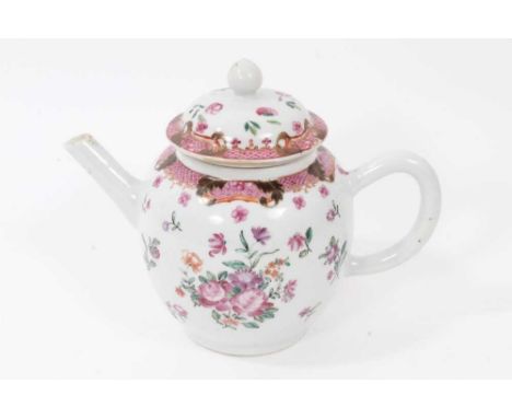 Chinese famille rose export porcelain teapot and strainer, Qianlong period, decorated with floral sprays and patterned border