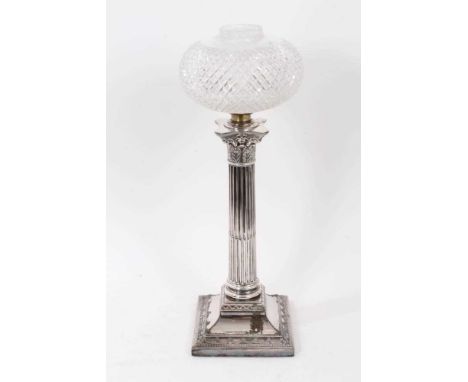 19th century silver plated candlestick, converted to a lamp, the stem of Corinthian column form, the square base decorated wi