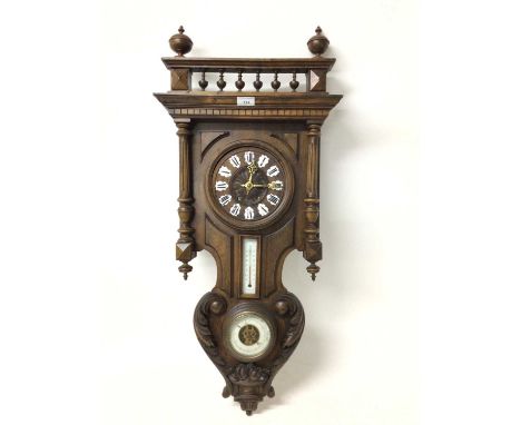 Impressive late 19th century French wall clock combination, barometer, thermometer, enamel numerals to dial in oak case 91 cm