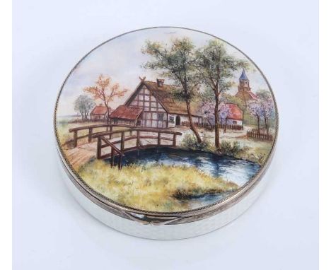 1920s silver and enamel circular box with finely painted polychrome enamel lid depicting a rural landscape with steam, bridge