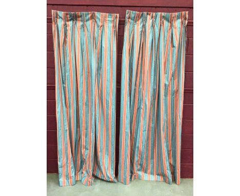 Pair pink and blue striped curtains with pinch pleated tops measuring approximately 90cm x 234cm dropProvenance: The Lady Eli