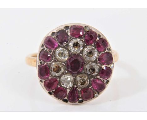 Georgian ruby and diamond cluster ring, the circular shield within a central ruby and seven old cut diamonds surrounded by a 