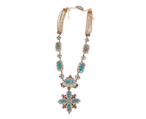 Fine Regency gold turquoise, ruby and seed pearl pendant necklace, the pendant cross with ruby and turquoise forget-me-not fl