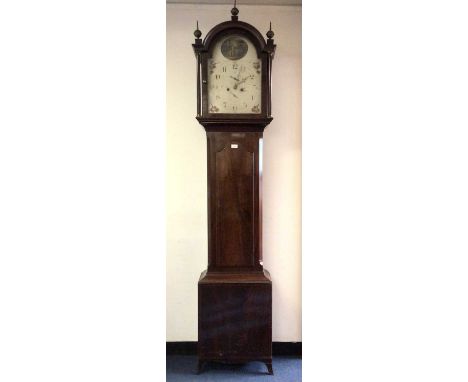 19th century 8 day longcase clock by W. Coulson, Northshields with arched painted dial with floral spandrels in inlaid mahoga
