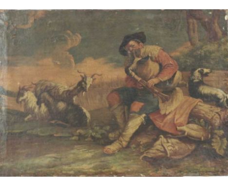 18th Century Italian School, oil on canvas, Goats with a herdsman playing bagpipes and his dog in a landscape, unframed, 38 x