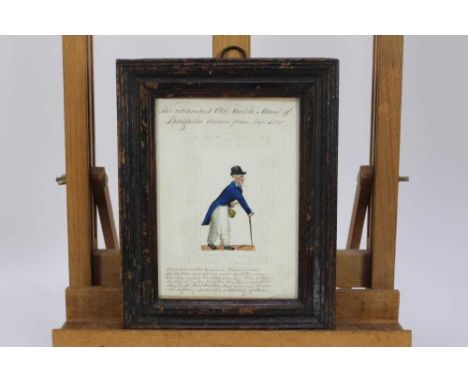 Unusual Regency watercolour satirical portrait - The Celebrated Old Match Man of Brighton, Drawn from Life 1828, on embossed 