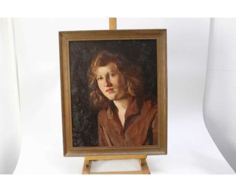 Manner of Alan Douglas Davidson, oil on board, head and shoulders portrait of a lady, 52cm x 42cm, framed 