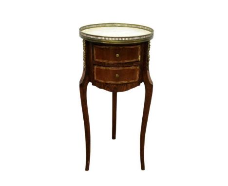 19th century Continental mahogany and parquetry inlaid cylinder side table, with pierced brass gallery and marble top, two fr