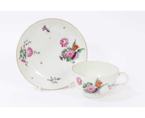 Worcester tea cup and saucer, circa 1770, polychrome painted with floral sprays and insects, Meissen-style mark to base, the 