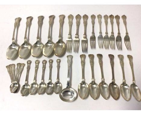 Selection of Victorian silver Kings and Queens pattern flatware, comprising 5 table spoons, 3 dinner forks, 6 dessert forks, 